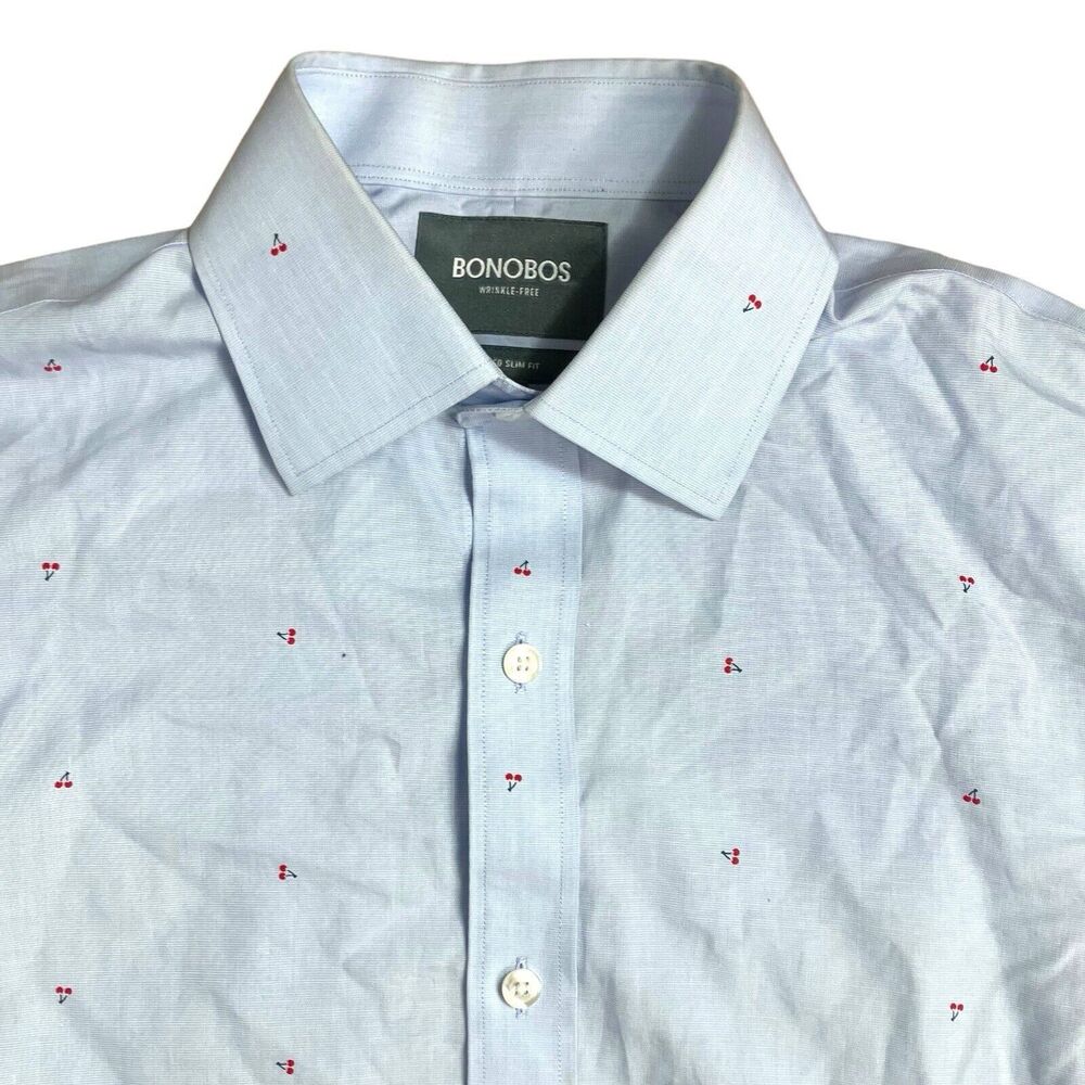Bonobos Shirt Mens 14.5 / 33 Blue‎ Cherries Wrinkle Free Button Down Slim fit